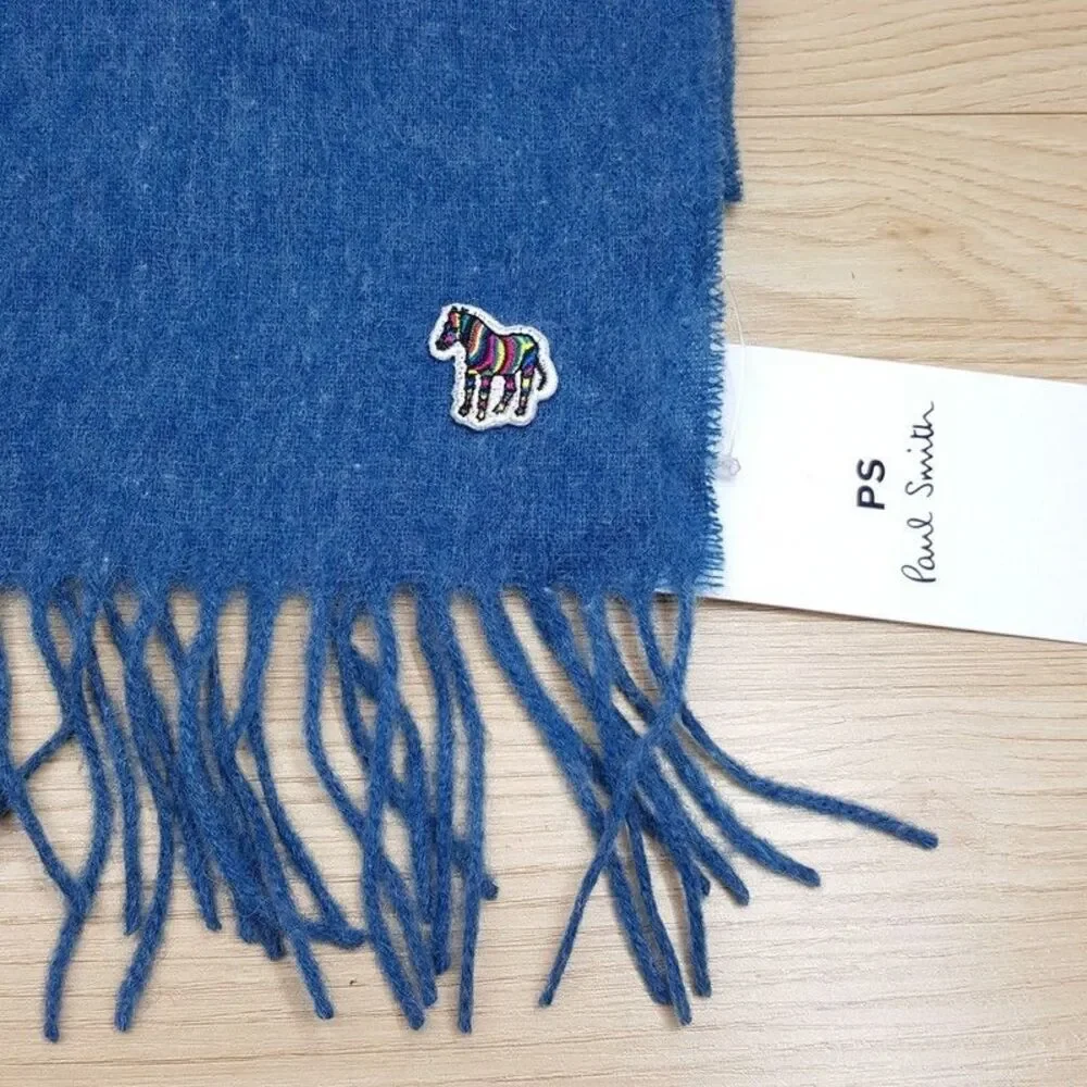 PAUL SMITH Mens Scarf Solid Blue Fringe 100% Lambswool Wool 13x66